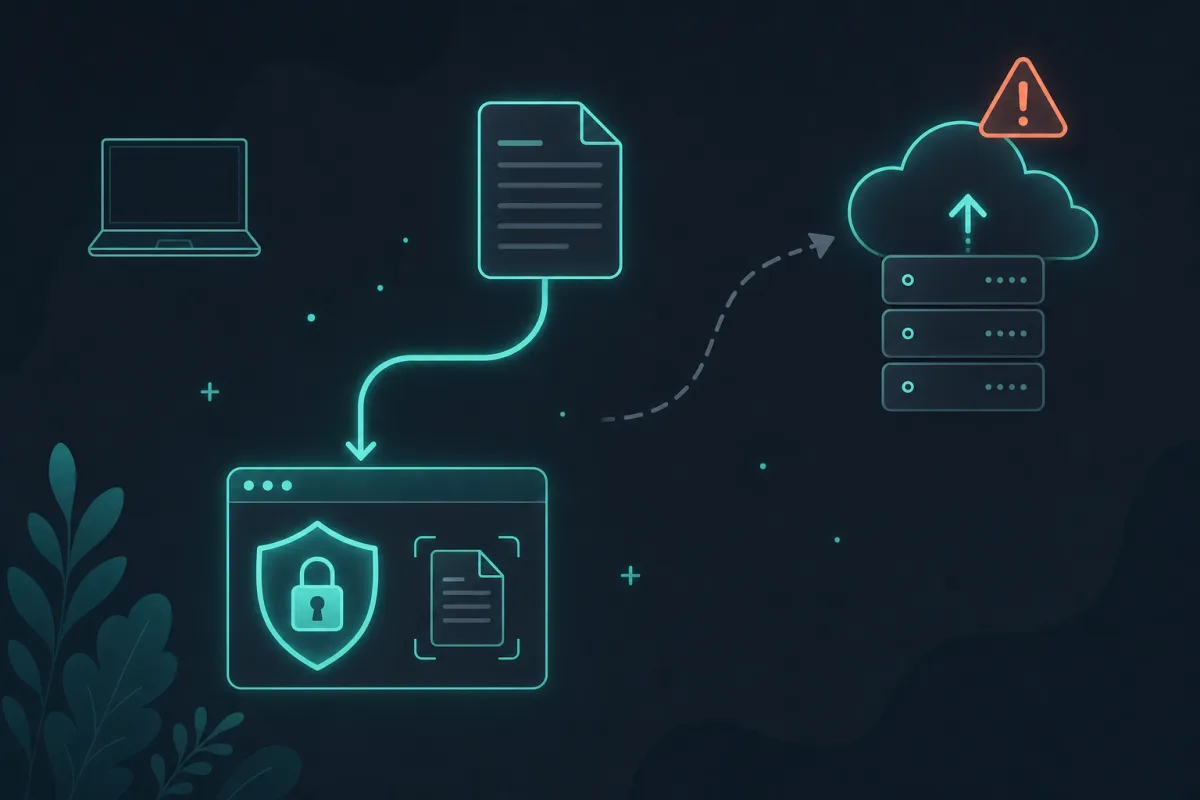 A document kept safe inside a browser behind a privacy shield, contrasted with one uploaded to a distant server.