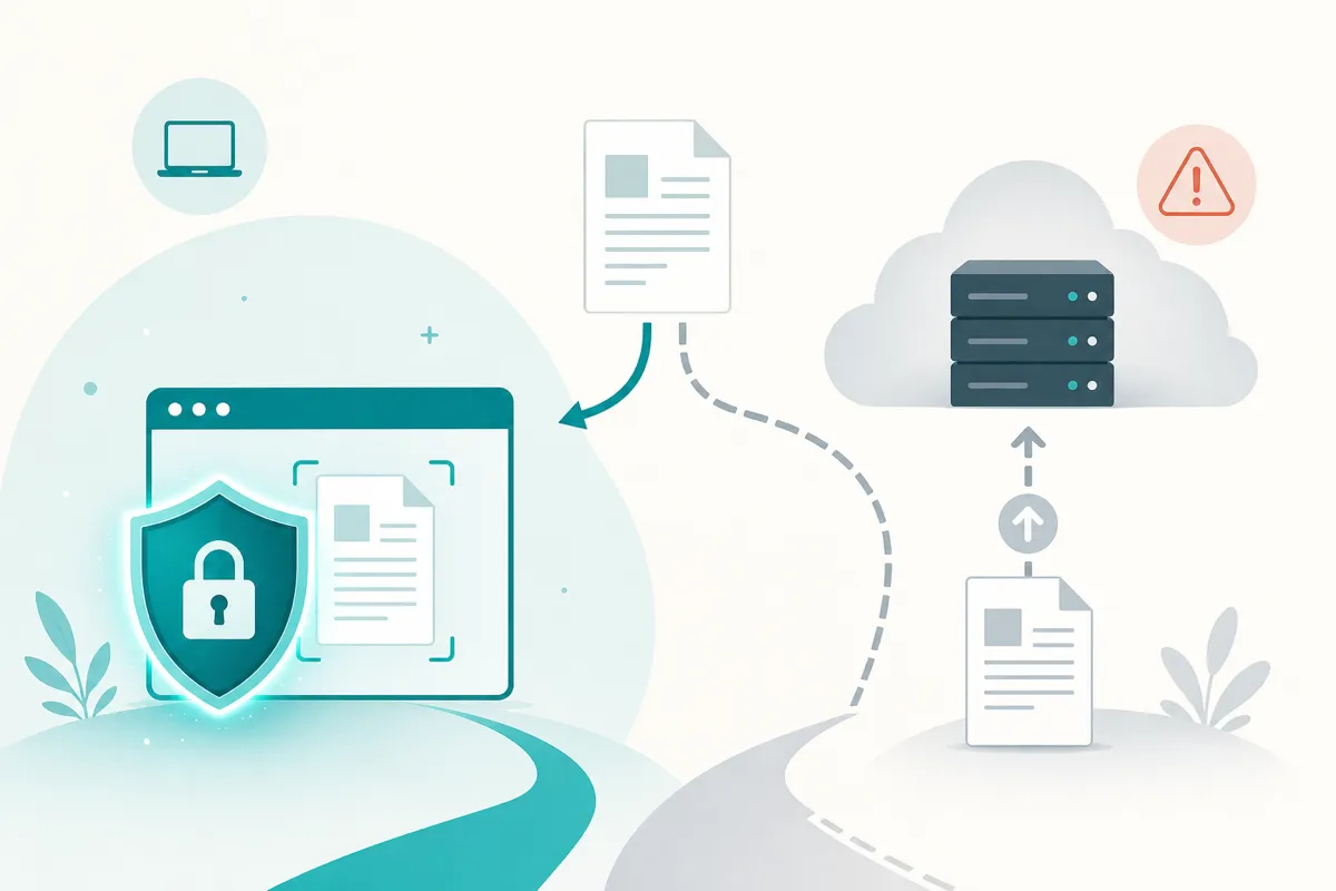A document kept safe inside a browser behind a privacy shield, contrasted with one uploaded to a distant server.