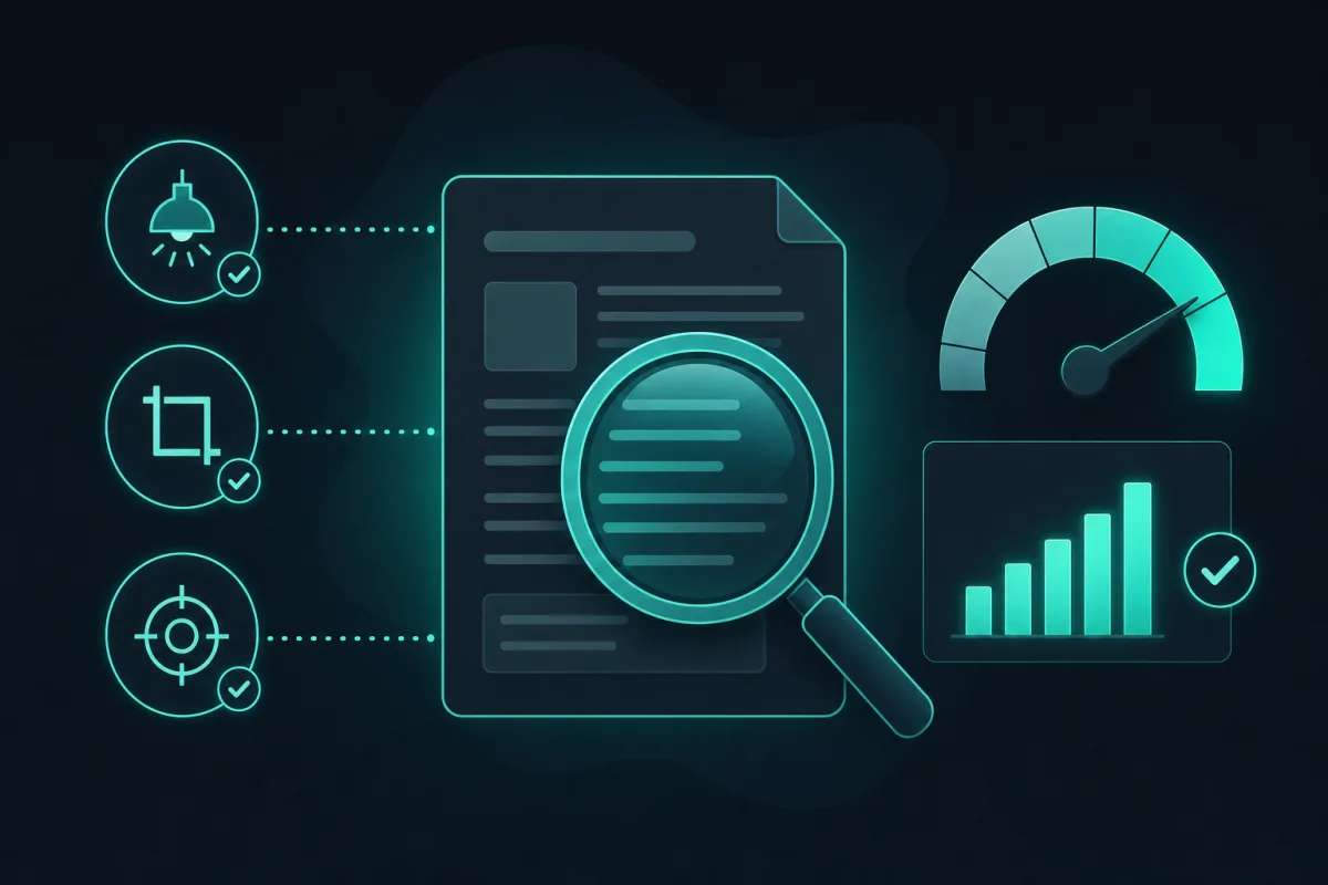 A document inspected through a magnifying glass with quality checkmarks and a rising accuracy gauge.
