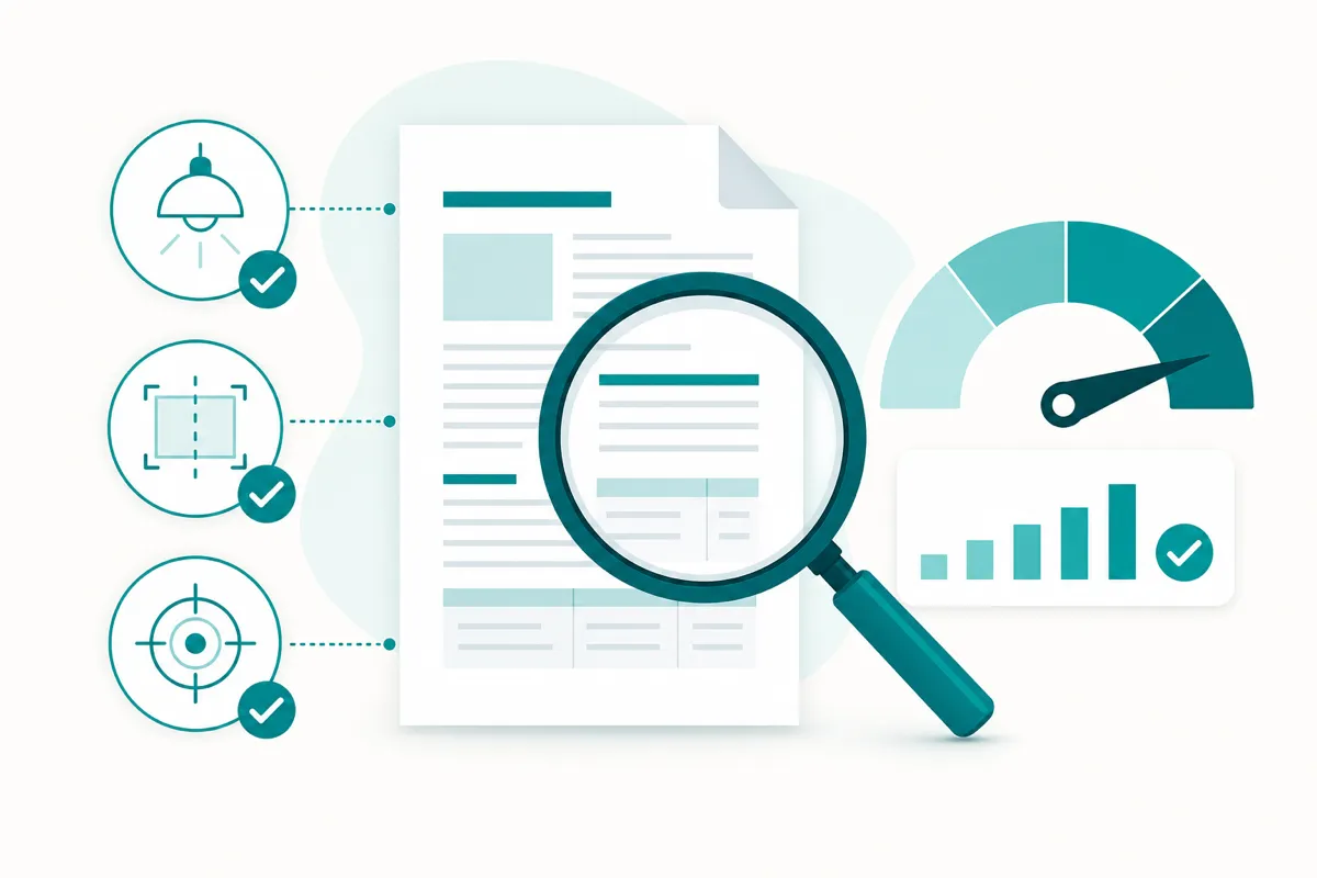 A document inspected through a magnifying glass with quality checkmarks and a rising accuracy gauge.