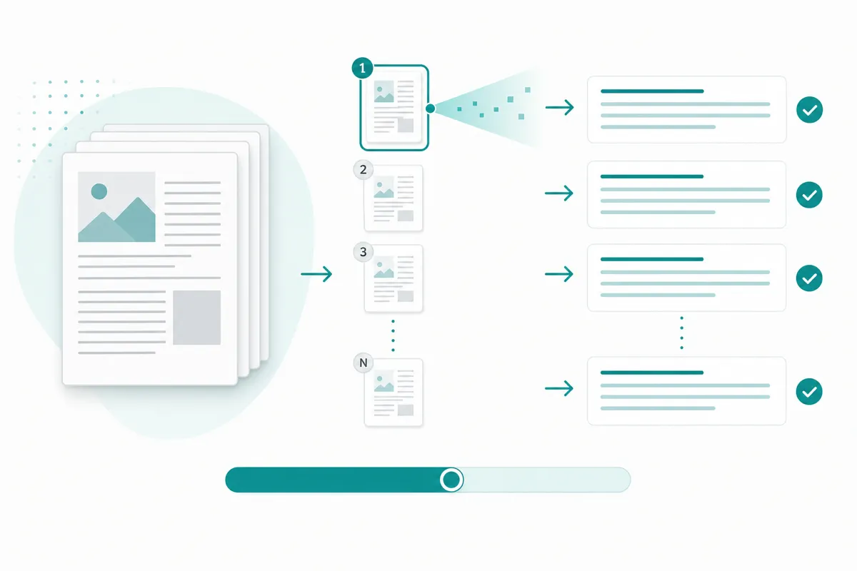 A stack of scanned PDF pages being processed one page at a time into lines of text.