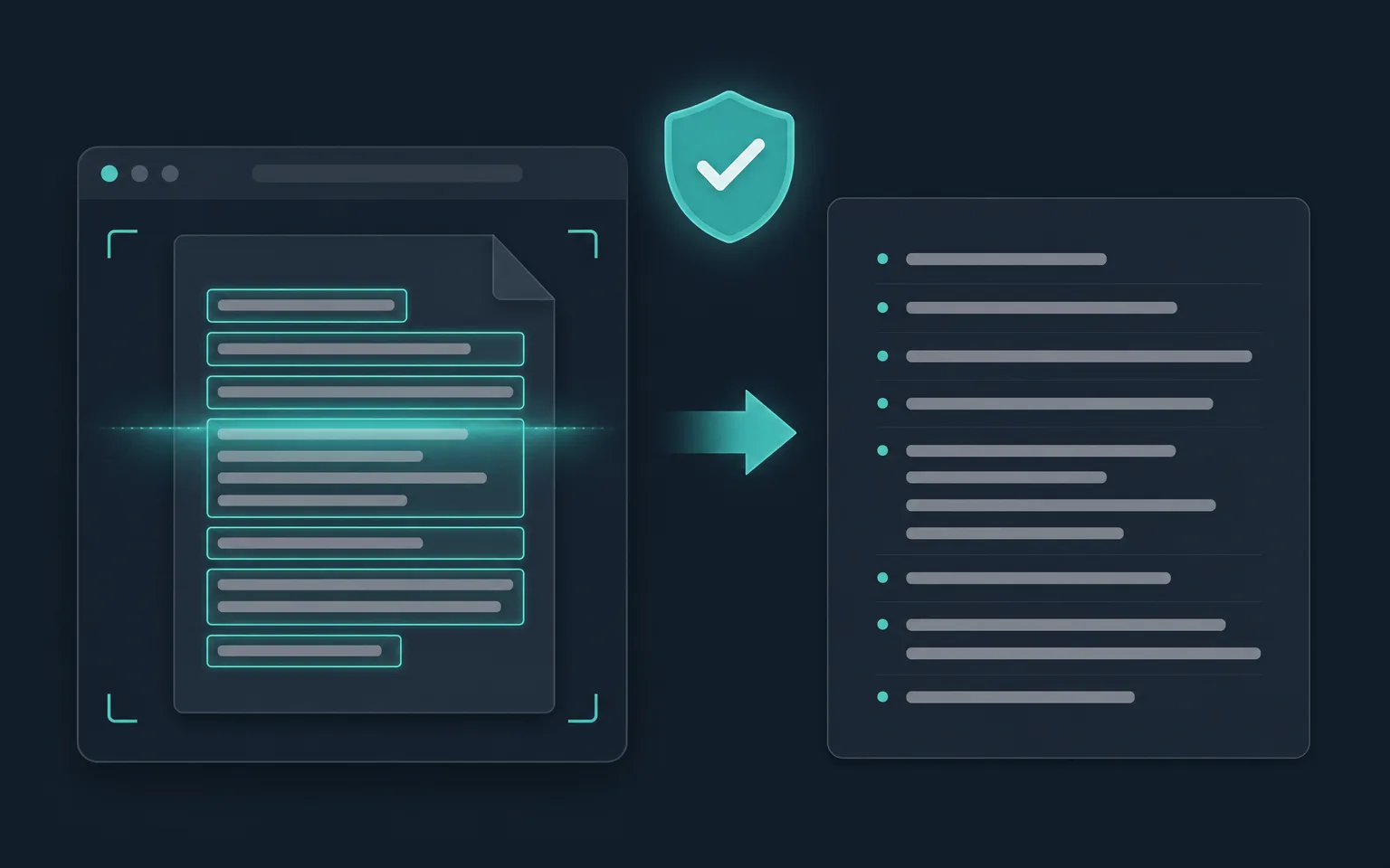 A browser window recognizing text inside a document with teal OCR boxes, the text extracted into a clean panel, and an on-device privacy shield — nothing uploaded to any server
