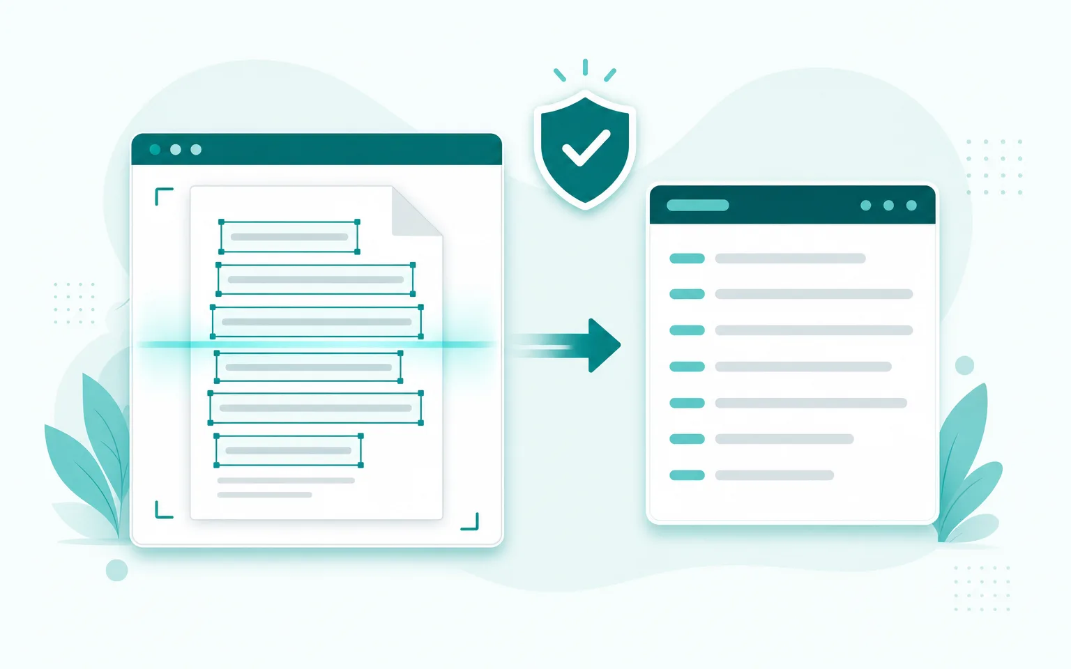 A browser window recognizing text inside a document with teal OCR boxes, the text extracted into a clean panel, and an on-device privacy shield — nothing uploaded to any server